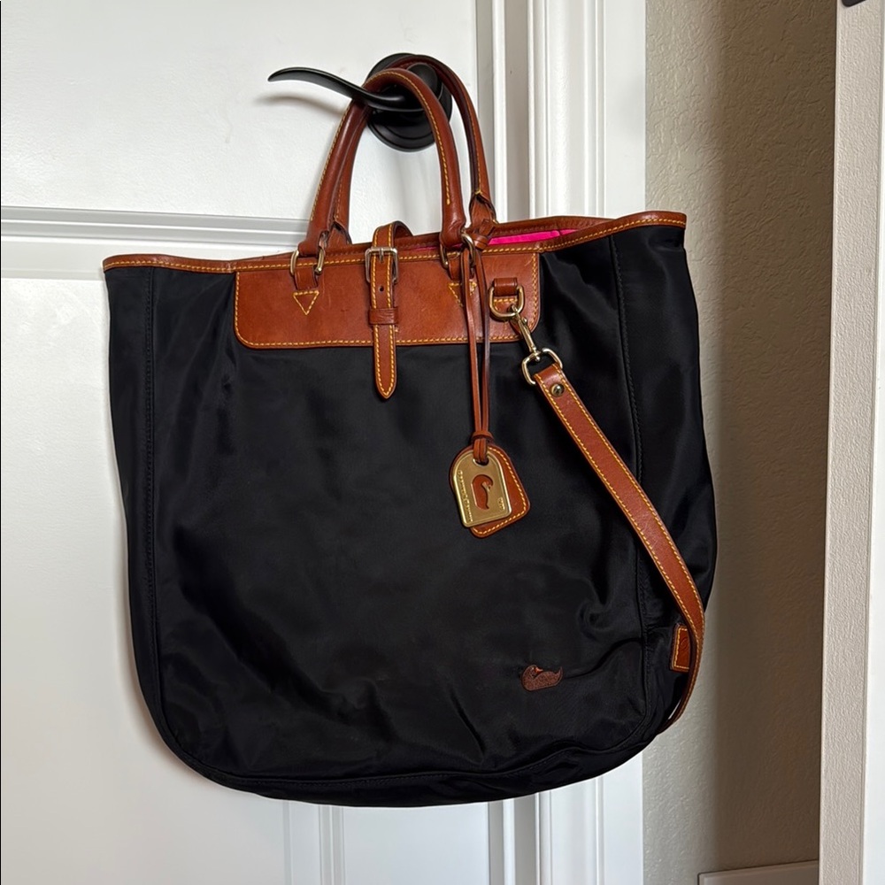 Dooney & Bourke Black Nylon Tote with Brown Leather Trim and Strap